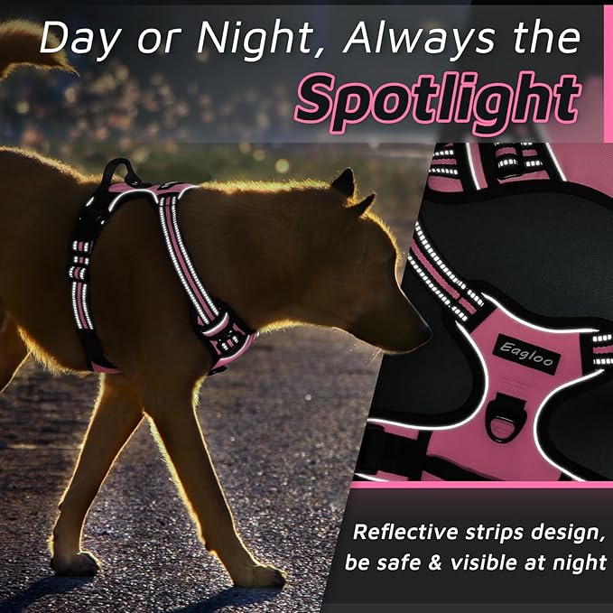 Eagloo Dog Harness Medium Sized Dog, No Pull Service Vest with Reflective Strips and Control Handle, Adjustable and Comfortable for Walking, No Choke Pet Harness with 2 Metal Rings, Pink, M