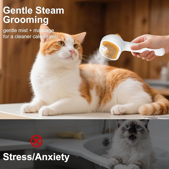 Pet Steam Brush for Dogs and Cats – 3-in-1 Pet Grooming Tool, Spray Portable Design, Suitable for Home and Travel, Ideal for Medium & Long-Haired Pets, Includes 1*Waterless Shampoo, Yellow