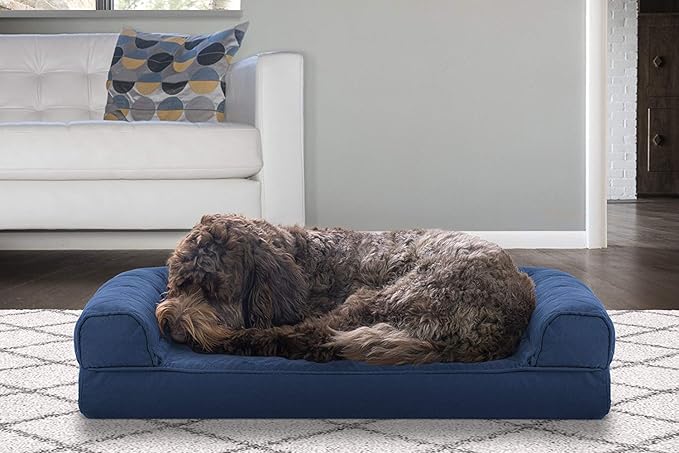 Furhaven Cooling Gel Dog Bed for Medium/Small Dogs w/ Removable Bolsters & Washable Cover, For Dogs Up to 35 lbs - Quilted Sofa - Navy (Blue), Medium