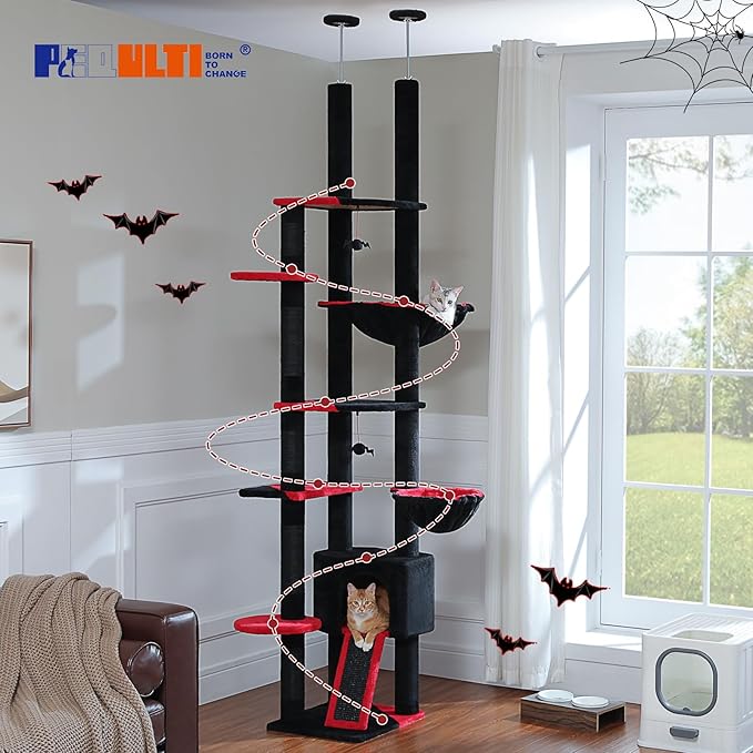 PEQULTI Tall Cat Tree, Floor to Ceiling Cat Tree Tower Adjustable [90.5''-100.4''=230-252CM] with Cat Condo, Hammock and Scratching Post, Gothic Cat Climbing Tree for Indoor Large Cats, Black