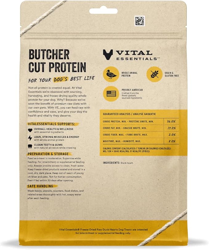 Vital Essentials Duck Hearts Dog Treats, 10 oz | Freeze-Dried Raw | Single Ingredient | Premium Quality High Protein Training Treats | Grain Free, Gluten Free, Filler Free