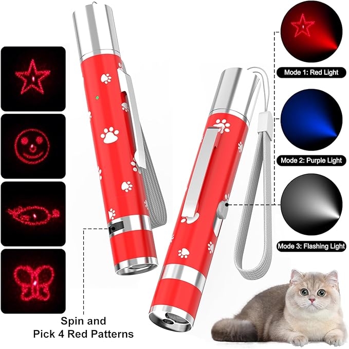 EAWONGEE Cat Toys Rechargeable, Indoor Cats Chase Light, Interactive for Kitty Pet Dog with 3 Light Modes 5 Patterns, Red