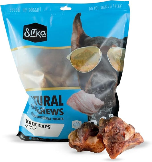 Sitka Farms Premium Smoked Beef Knee Caps - 12 Count - Natural Long Lasting Dog Treats - Low Fat High Protein Dog Bones