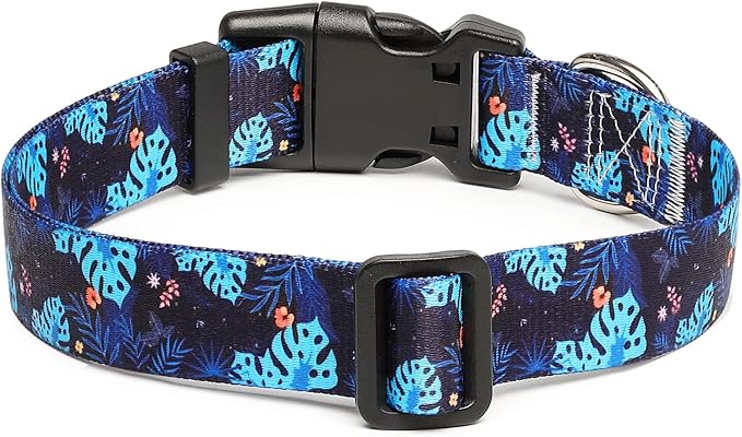 Mercano Adjustable Dog Collar - Special Design Patterns, Soft Nylon Comfortable Durable Pet Collar for Small Medium Large Dogs (M, Monstera)