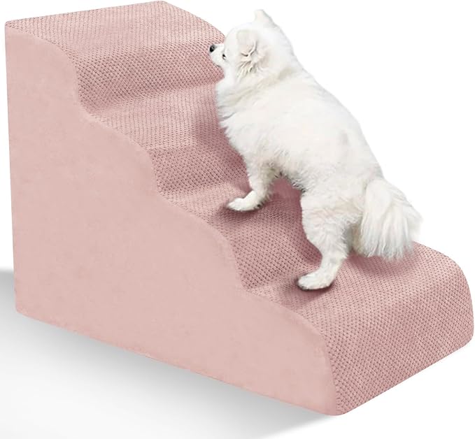 Dog Stairs for Small Dogs - High Density Foam Pet Steps, Extra Wide Dog Ramp with Non-Slip Bottom for High Beds, Couch and Sofa, Best for Dogs Injured, Older Doggy Cats,4 Stpes, Pink