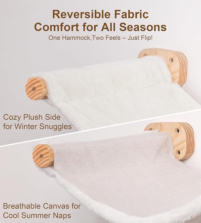 Cat Wall Hammock Shelves, Dual-Sided Cat Bed with Canvas & Plush Fabric, Wall Mounted Shelf for Large Cats, Space-Saving Perch for Lounging & Napping