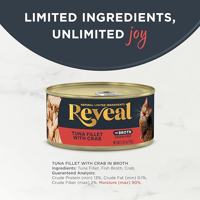 Reveal Natural Wet Cat Food in Broth, Limited Ingredient Grain Free Canned Cat Food, Protein with No Artificial Additives, Tuna with Crab in Broth (24 x 2.47 oz Cans)