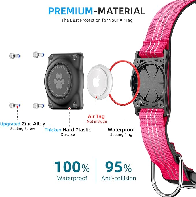 Upgraded AirTag Dog Collar, IP68 Waterproof Air Tag Dog Collar Holder, Reflective, Ultra-Durable, Comfortable Padded, Heavy Duty Dog Collars for Small Medium Large Dogs (XS (10.25"-13"), Hotpink)
