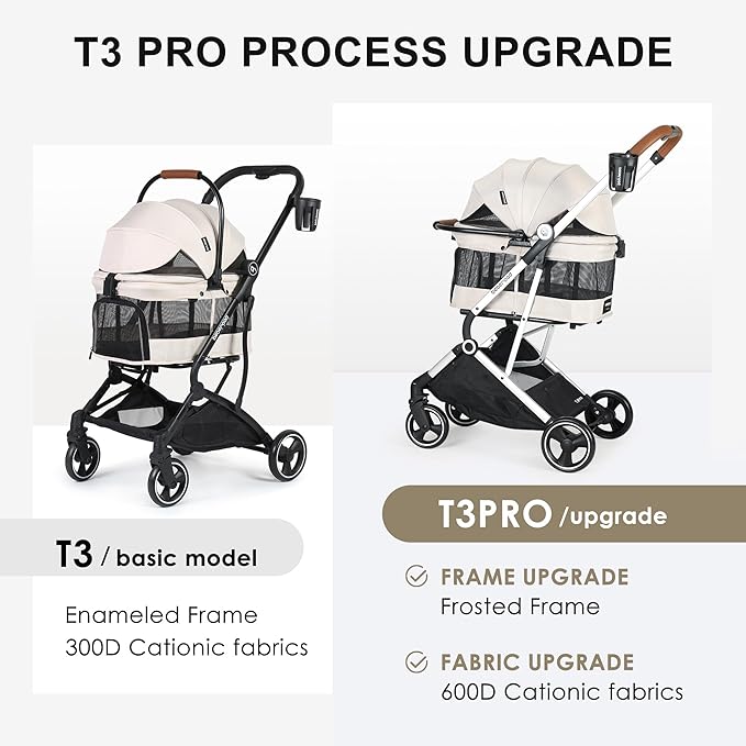 T3 Pro 3-in-1 Small Pet Stroller for Dog & Cats, 4 Wheels with Detachable Carrier with Pad, Canopy and Cup Holder, Beige & Net Wall
