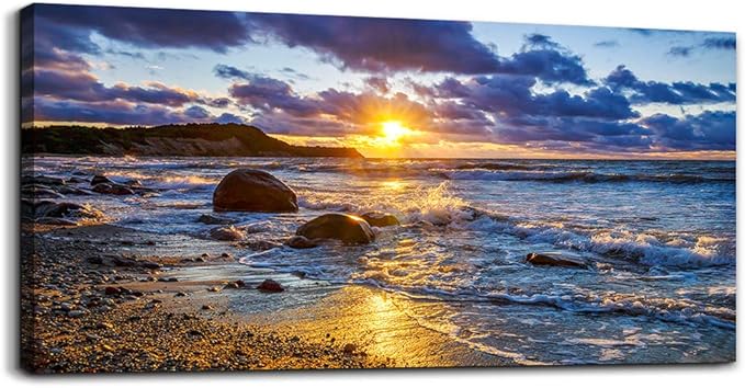 canvas wall art for living room bedroom Wall Decor blue ocean landscape painting Hang Home Decoration office bathroom kitchen sun beach sea golden Waves on the beach canvas art Prints pictures Works