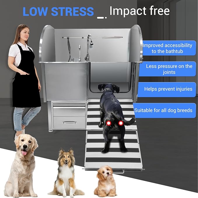 Professional Dog Grooming Tub, 62" Stainless Steel Dog Wash Station with Foldable Ramp, Storage Drawer, Floor Grate & Faucet/Dog Bathtub for Large, Medium & Small Pets - Right Door (62")