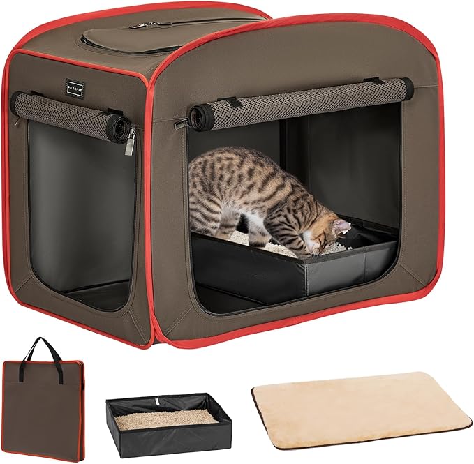Petsfit Portable Cat Crate with Litter Box and Soft Cushion, Collapsible Pop Up Cat Kennel with Carrying Bag for Travel