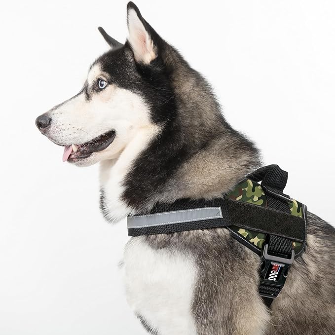 Dogline Dog Harness, Reflective No-Pull Adjustable Vest with Handle, Breathable No-Choke Harness for Small, Medium or Large Dogs Room for Patches Girth 27 to 34 in Green Camo