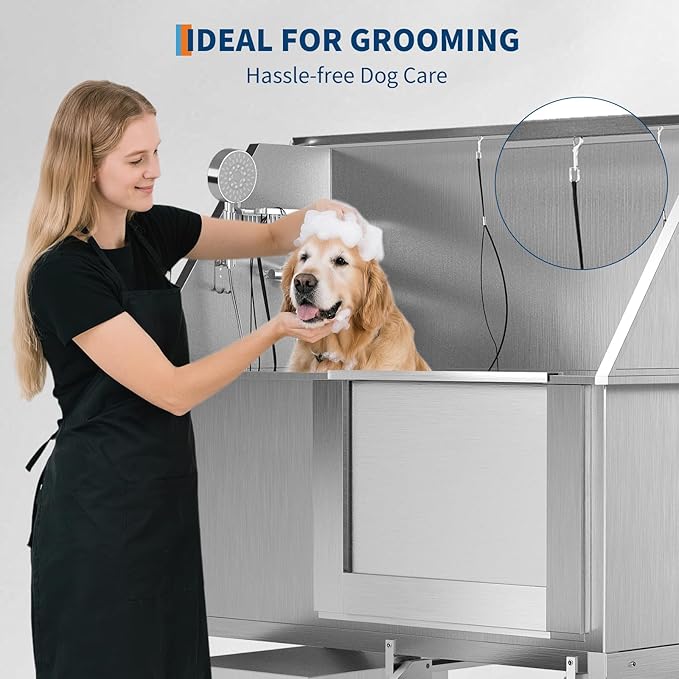50" Stainless Steel Professional Dog Washing Station - Pet Bathing Tub w/Non-Slip Stairs & Storage Shelf | Slip-Resistant Floor Grate | for Large/Medium/Small Dogs