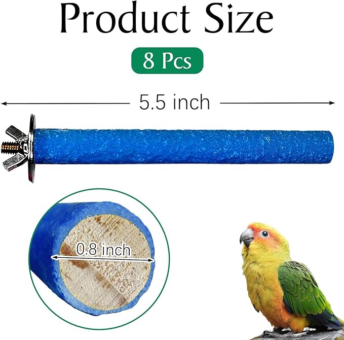 Hamiledy Bird Grinding Perch for Parrots Sand Bird Perches Claw Trim Cage Perches for Parakeets Cockatiels Lovebirds Canaries Green Cheeked Conures and Similarly Sized Birds(8 Pcs 0.78 in Diameter)