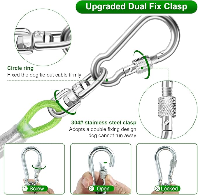 Dog Tie Out Cable for Outside,10FT Heavy Duty Dog Leash&Chains with Swivel Hook,Small-Large Dogs Runner Cable Up to 250lbs, Long Dogs Lead Line for Yard Outdoor and Camping (250lbs 10FT, Green)