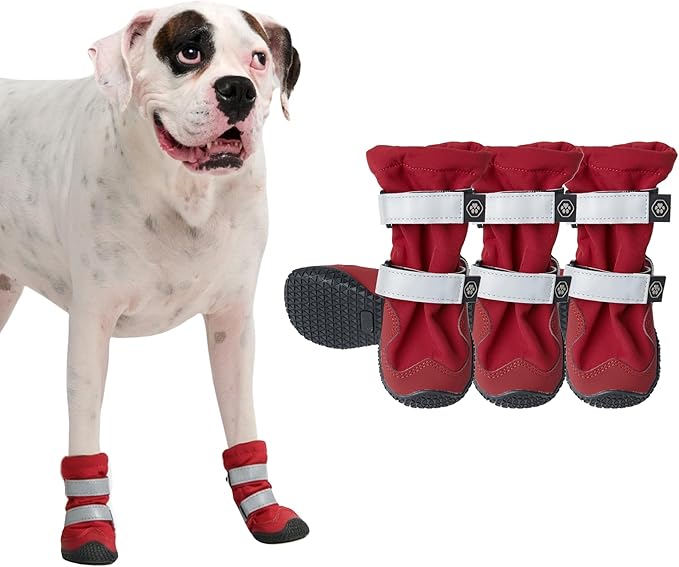 Spark Paws Dog Shoes, Waterproof Dog Boots for Medium to Large Dogs, Non Slip, Breathable Dog Booties and Paw Protectors - 4PCS Doggie Hiking Boots with Reflective Straps - Red, Size 5