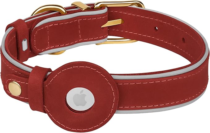 OOPSDOGGY Reflective Geniune Leather Airtag Dog Collar Soft Padded Collars for Small Medium Large Breed Dogs Puppy, 4 Sizes, 7 Colors (Red, Medium, 12"-15")