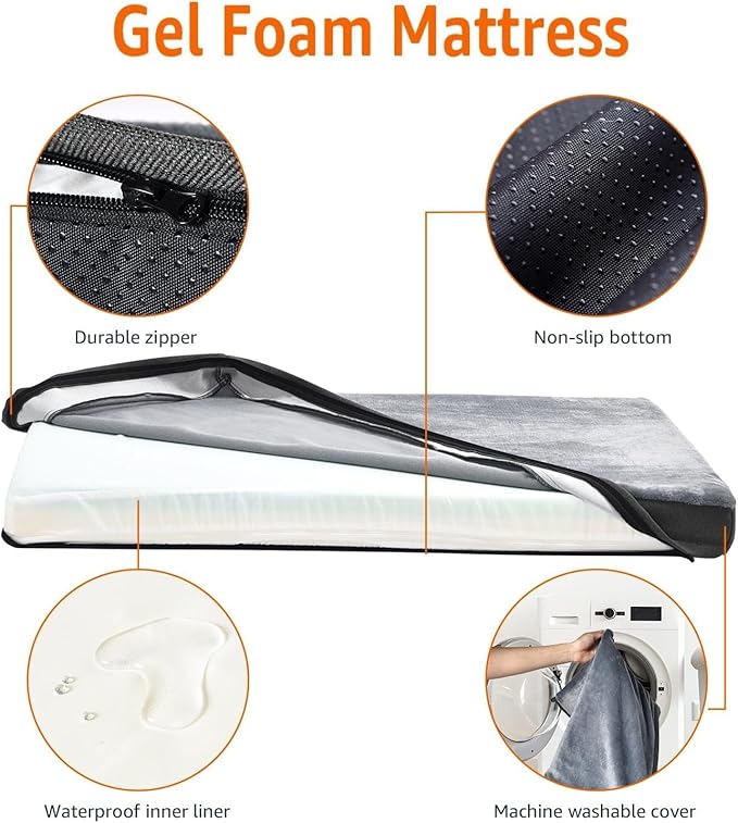 Amazon Basics Dog Bed with Cooling Gel Memory Foam, Pressure-Relief Support for Dogs up to 50lbs, Non-Slip Bottom, Machine Washable Cover, Large Sized (35" x 22"), Grey