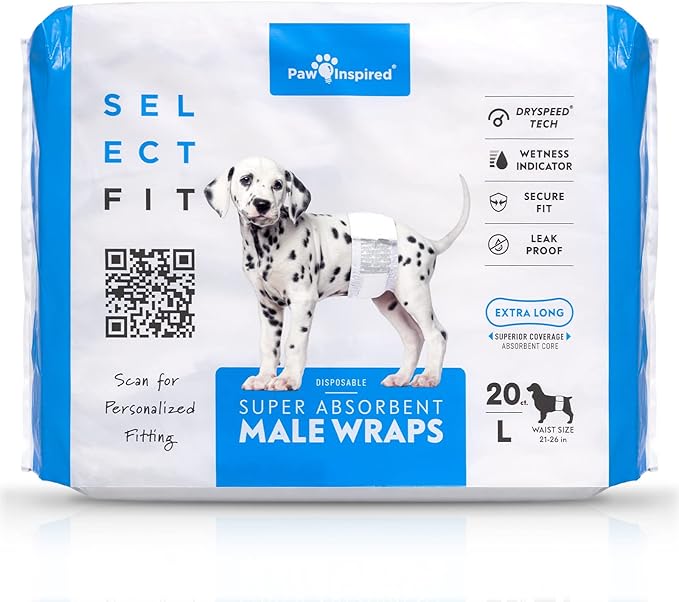 Paw Inspired Select Fit Male Dog Diapers, Disposable Male Wraps with Wetness Indicator| Belly Bands for Small, Medium, Large Dogs (Large, 20 Count)