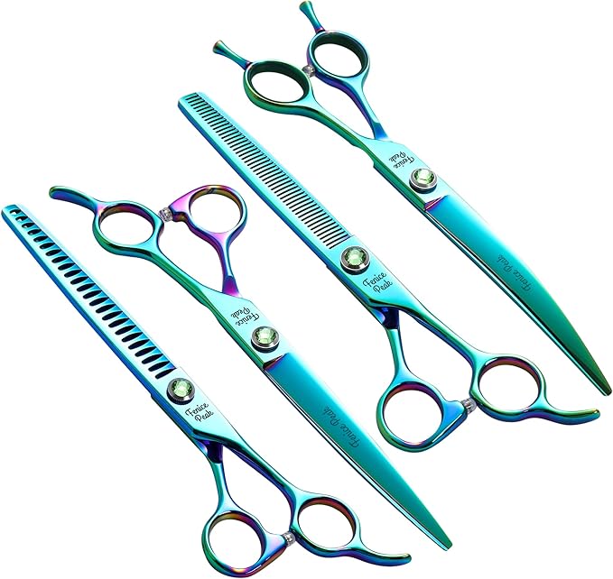 Fenice Peak Green Dog Grooming Scissors Set Straight Thinning Curved and Chunker Shears 4PCS Kit with Simulated Emerald Screw 440C Trimming Shears Durable and Sharp