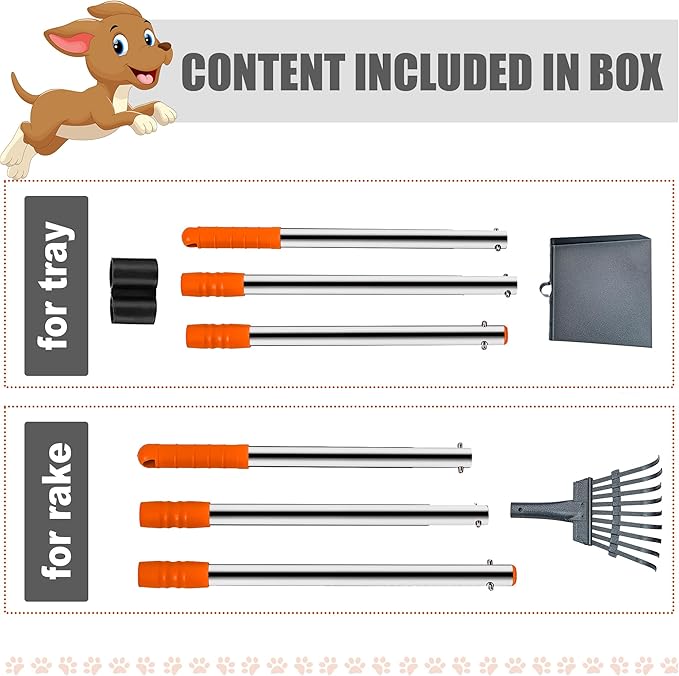 Niubya Pooper Scooper for Dogs, Metal Poop Scooper Tray and Rake Set with Adjustable Long Handle, Dog Pooper Scooper for Pet Waste Removal