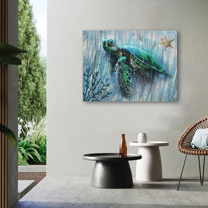 Arjun Bathroom Decor Blue Wall Art Canvas Green Sea Turtle Teal Submarine Picture, Blue Modern Landscape Painting Framed for Living Room Bedroom Home Office Wall Decor, 16"x12"