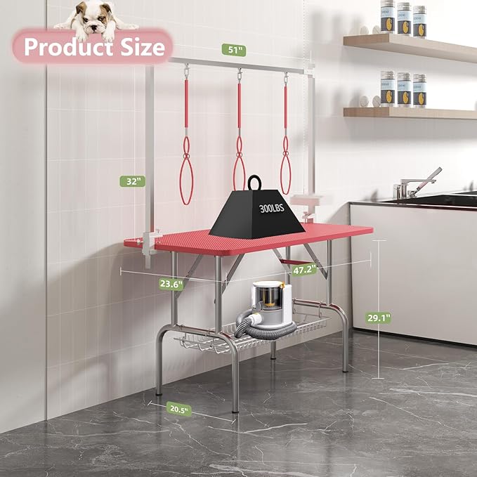 VFK 47'' Large Dog Grooming Table Stainless Steel Foldable Grooming Table for Dogs at Home Adjustable Height Arms Pet Station with Nooses, Mesh Tray, Tool Organizer