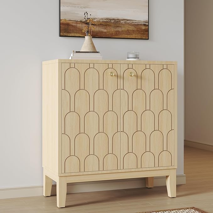 Farmhouse Storage Cabinet, Modern Buffet Sideboard with Doors, Fish Scale Pattern, Boho Cabinet for Dining Room, Natural, 2 Pieces