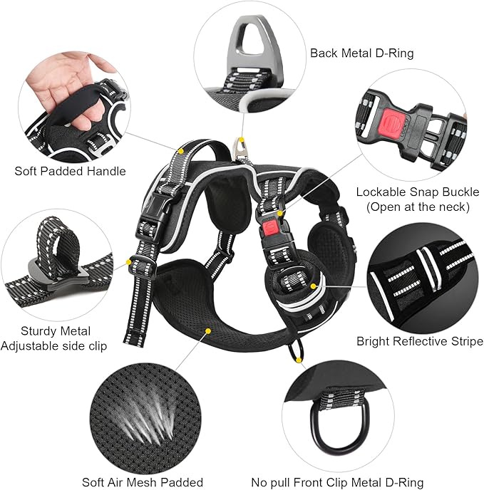 Timos Dog Harness, 3 Snap Buckles No-Pull Soft Padded Dog Vest with 2 Metal Leash Clips, Adjustable Reflective No Choke Pet Harness with Easy Control Handle for Small Dogs,Black,S