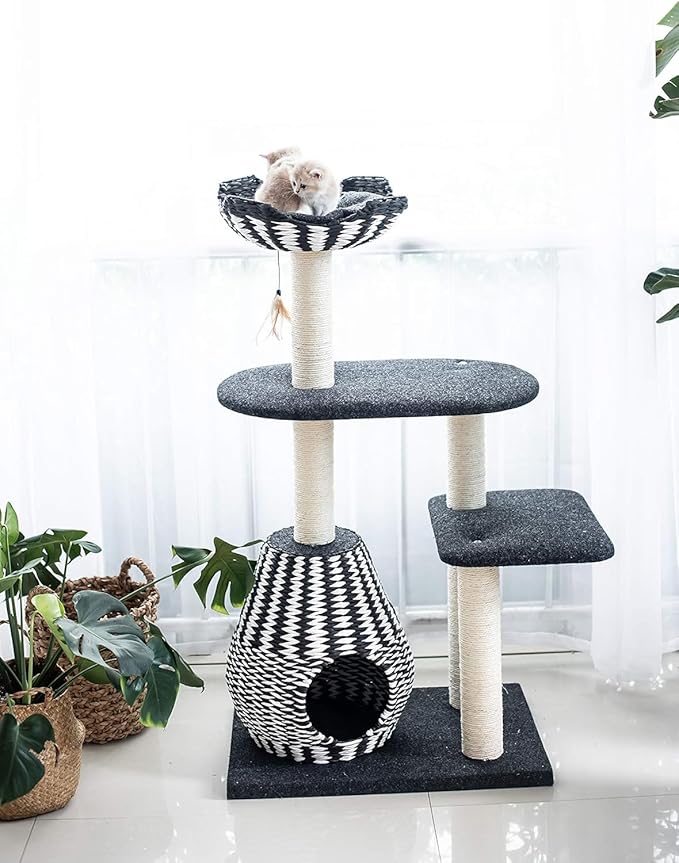 PetPals Ace 4-Level Multi-Activity Cat Tree with Handwoven Recycled Paper Rope Condo and Top Nest Bed, Replaceable Sisal Scratching Posts, Feather Teaser Toy, Black & White