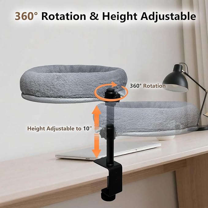 Cat Desk Bed with Summer Colling Mat, 360° Rotating & Height Adjustable Indoor Cat Nest, Large Desktop Cats Perch for Home Offcice Space Saving, Supports Up to 40 lbs, Machine Washable Removable Cover