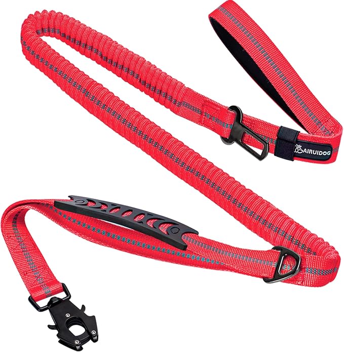 Heavy Duty Bungee Dog Leashes, 4-6FT Shock Absorbing Tactical Dog Leash with 2 Padded Handles, Metal Carabiner Clip, No Pull Reflective Dog Leash for Medium Large Dogs (Red)