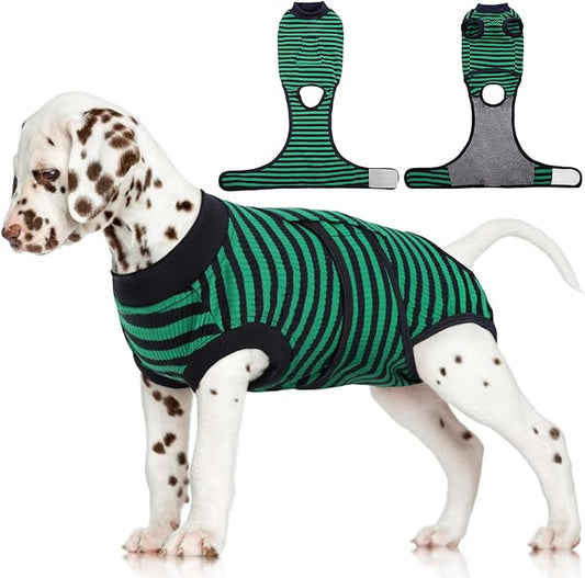 FUAMEY Recovery Suit for Dogs After Surgery,Soft Breathable Dog Bodysuit E-Collar & Cone Alternative Surgical Suit,Male Female Dog Neuter Spay Suits Anti Licking Wounds Onesie Green Black Stripes XS
