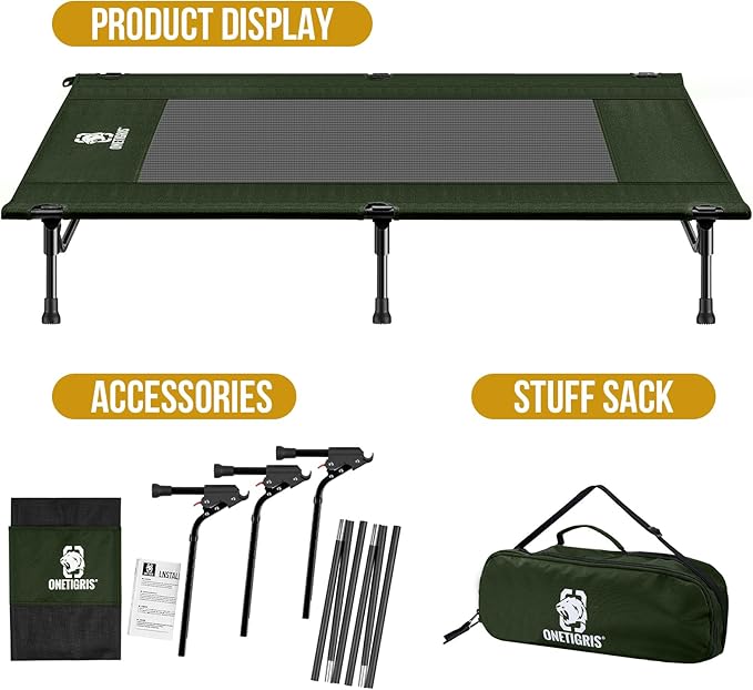 ONETIGRIS Elevated Dog Bed, Outdoor Dog Cod Large Raised Dogs Bed with Chew Proof Mesh, No-Slip Portable Dogs Cot Bed for Indoor & Outdoor Portable (Green, Large)