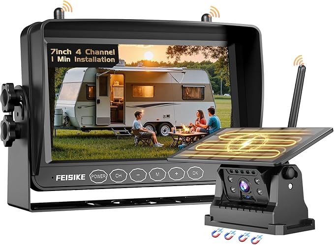 Magnetic Solar Wireless Backup Camera for RV Truck Trailer – 7" 1080P Monitor with Recording, 1-Min Install, No Delay, Wide View, IR Night Vision, 4 Channels, Auto-Sleep Rechargeable Rearview Camera