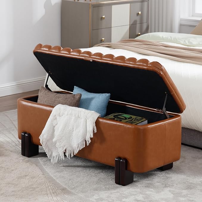 Kmax 45" Storage Bench PU Leather Entryway Bench Upholstered Ottoman Bench with Wavy Top & Safty Hinge for Bedroom Living Room Hallway, Brown