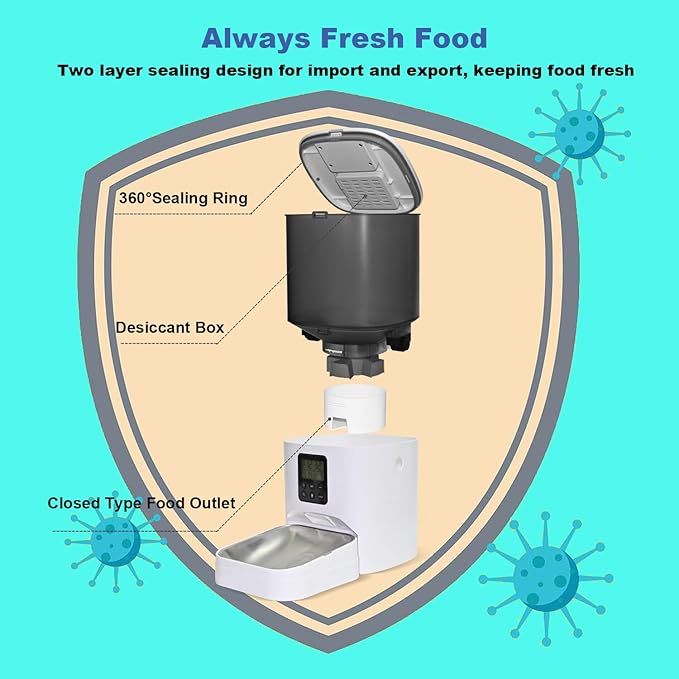 Automatic Cat Feeder, 6L Cat Food Dispenser with 10s Voice Recorder, Pet Feeder up to 8 Meals per Day, Timed Feeder with Dry Food Sealed Ring (Jade White, 6L)