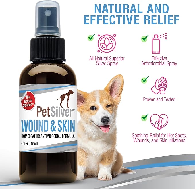 PetSilver Wound & Skin Spray - Dog Wound Spray, Hot Spot, Allergy Relief for Dogs, Itch Spray for Cats - Natural Skin Soother - Chelated Silver, Superior to Colloidal Silver - Made in USA - 4 fl oz