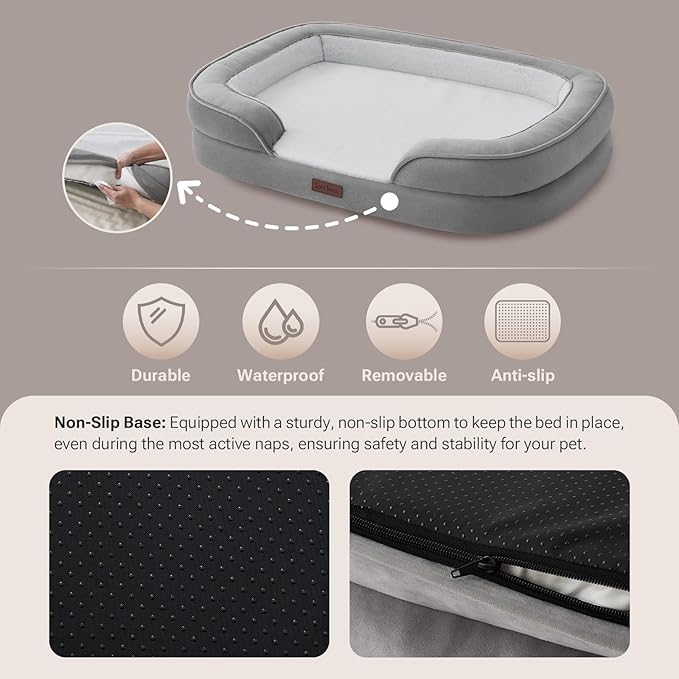 Soft Touch Orthopedic Dog Bed for Large Dogs with Faux Fur Top, Waterproof Pet Couch Bed with Removable Washable Cover and Supportive Foam Filling (Grey, Large)