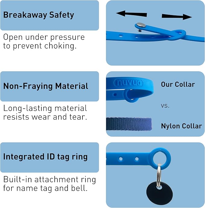 Silicone Cat Collars 2 Pack - Soft, Comfortable, and Lightweight Safety Breakaway Collar with Name Tag Ring for Outdoor Cats and Sensitive Skin Kittens by Nuvuq (6 ⅞" to 10 ¼", Blue)