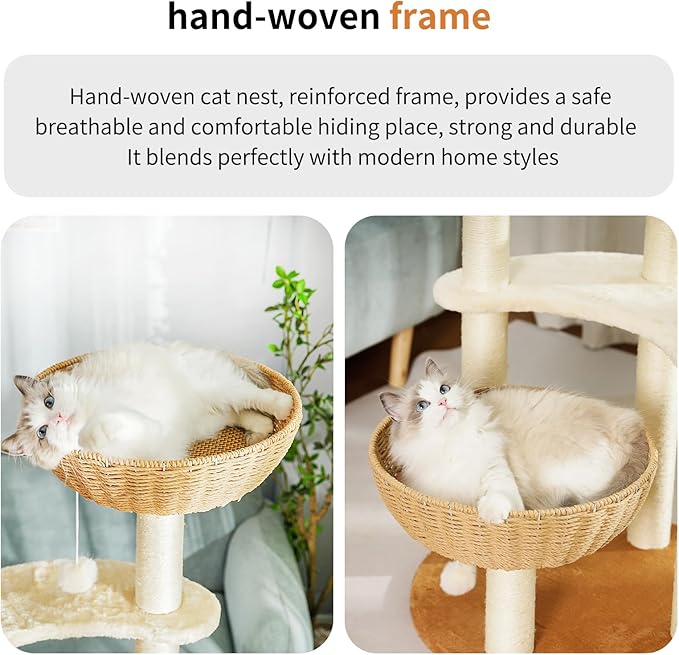 Modern Cat Tree Tower,Hand-Woven Ma Teng cat nest, Sisal-Covered Scratching Posts for Indoor Cats, Multi-Level Cat Condo with Space Capsule Nest, Tall Cat Tree for Multiple Large Cats