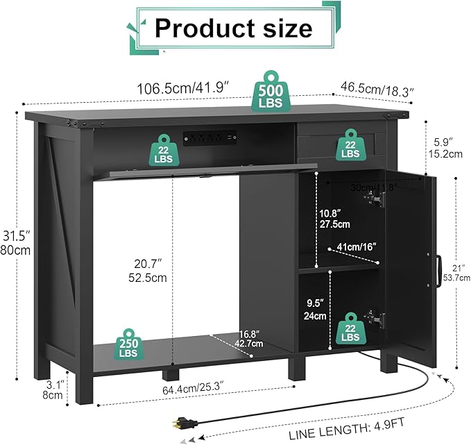 40 Gallon Aquarium Stand With Charging Station, Farmhouse Fish Tank Stand, Reptile Tank Stand Terrarium Stand with Drawer and Cabinet Storage, Sturdy Heavy Duty 41.9"×18.3" Tabletop - Black