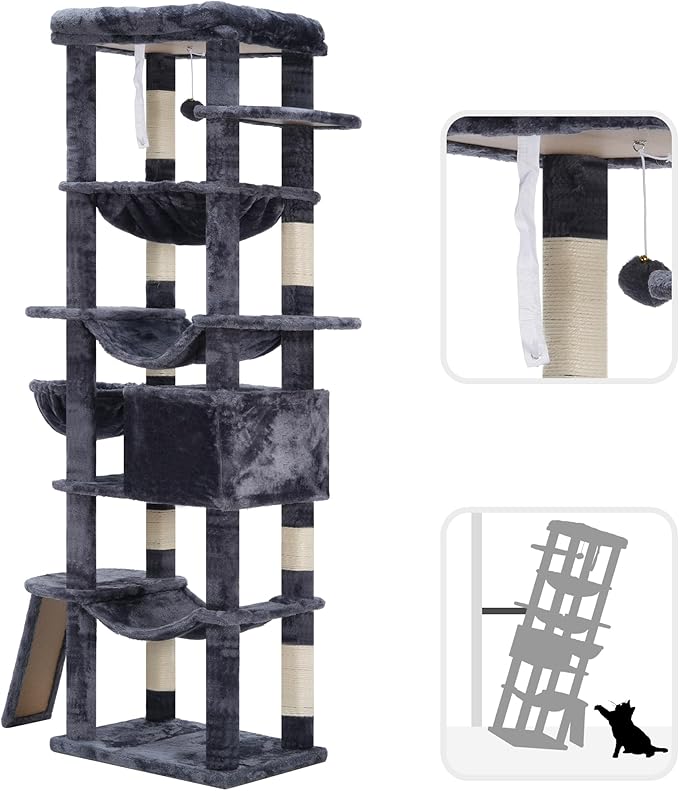 Hey-brother Cat Tree, 69.3-Inches Multi-Level Plush Cat Tower for Indoor Cats with Large Top Perch, Extra Spacious Hammock, 2 Hammocks Ramp, Hanging Ball, Smoky Gray MPJ037G