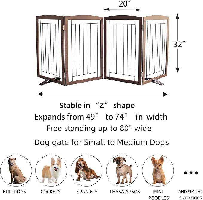 ZJSF Freestanding Dog Fence Indoor, Foldable Dog Gate for Doorways, Stairs or Hallways, Sturdy Wood Extra Wide Pet Gate with Support Feet for The House, Brown, 32 "Height-4 Panels