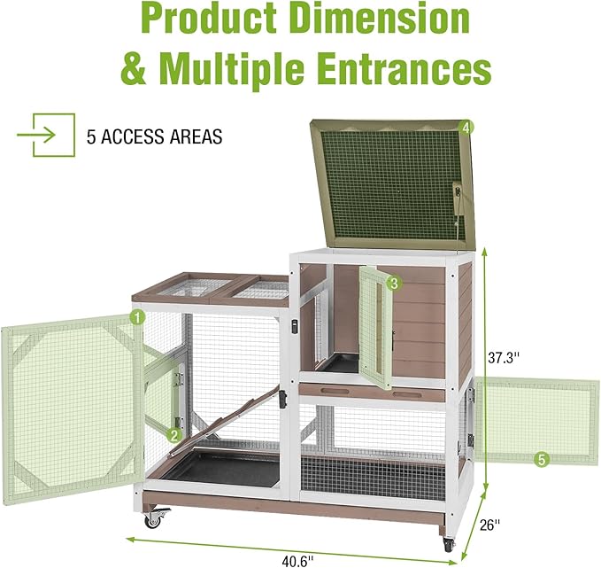 Wooden Rabbit Hutch with Two Story, Bunny Cage with Leak-Proof Trays, and Chew-Proof Ramp, Guinea Pig Cage with Wheels, Suitable for Indoor/Outdoor Use (Brown)