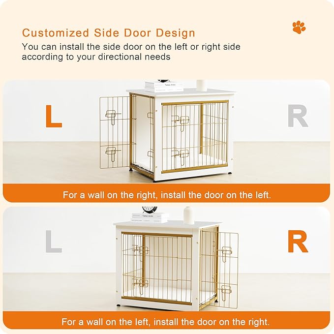 DWANTON Dog Crate Furniture with Cushion, Wooden Kennel Table with Double Doors, Indoor Dog House, Medium Size, 32.5" L, White