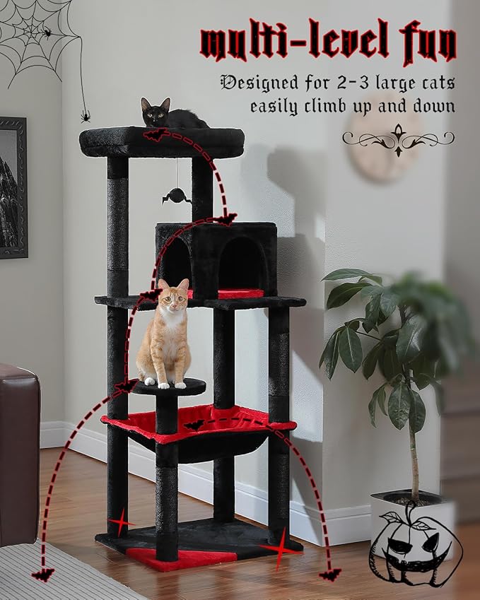 Gothic Cat Tree with Super Large Hammock, 56.3" Black Cat Tower with Coffin Bed, Cat Condo, Sisal Scratching Posts & Top Perch, Multi-Level Goth Cat Tree, Halloween, Black