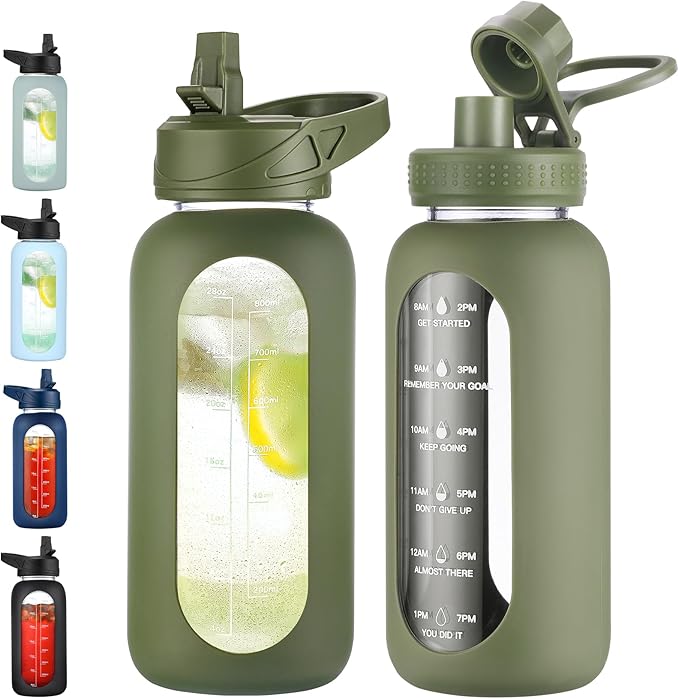 32 oz Glass Water Bottle with Straw and Handle, Sports Motivational Water Flask with Silicone Sleeve, Large Leakproof Water Flask Cup with Time Marker for Travel, Gym, Army Green