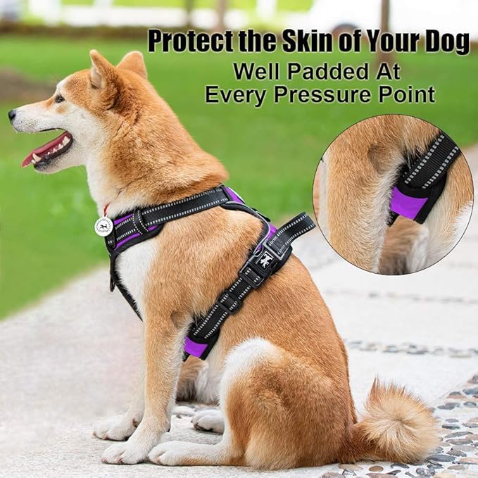 PoyPet No Pull Dog Harness, Reflective Comfortable Vest Harness with Front & Back 2 Leash Attachments and Easy Control Handle Adjustable Soft Padded Pet Vest for Small to Large Dogs (Purple,XS)